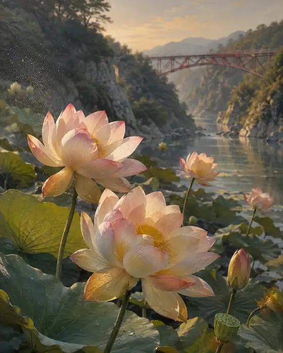 Lotus Blooms in the Gorge of the Red Bridge