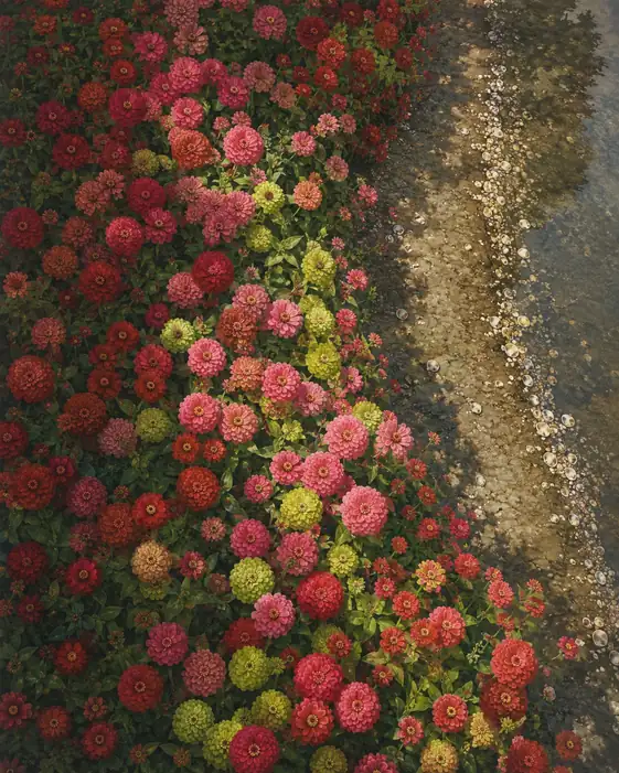 Zinnias along the Pebble Shore