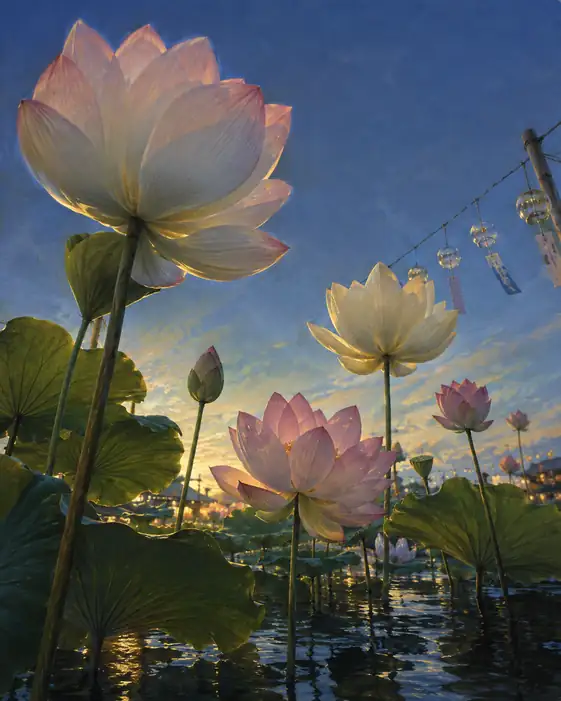 Lotus Blooms and Wind Chimes at Twilight