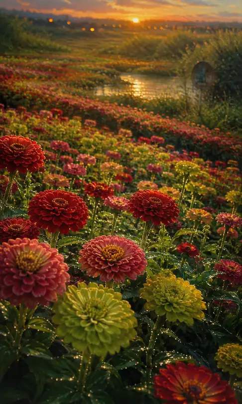 Sunset Glow across the Zinnia Meadow