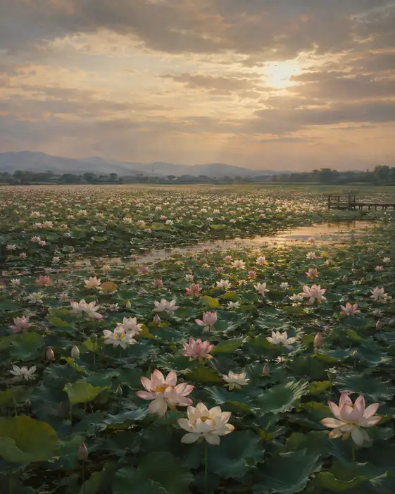 Sunset Radiance over the Vast Lotus Marsh