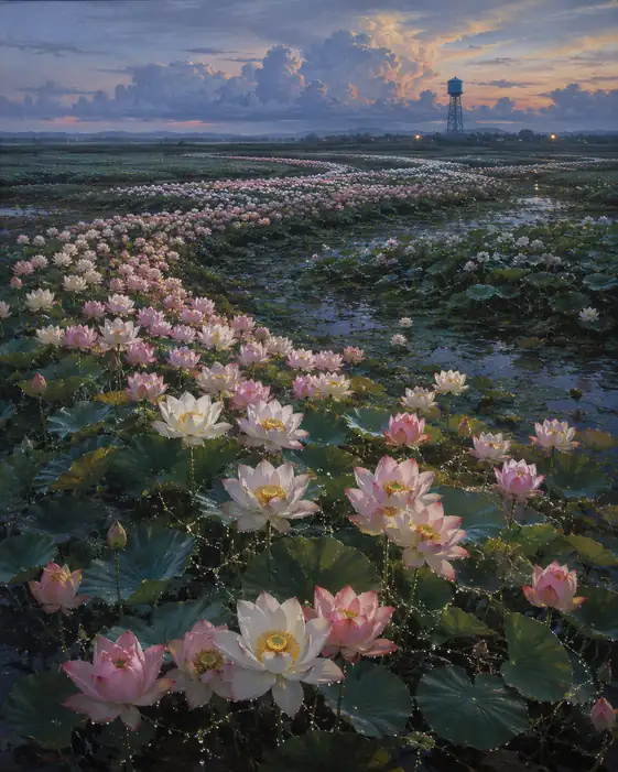 River of Lotus Blooms under the Sunset Cloud