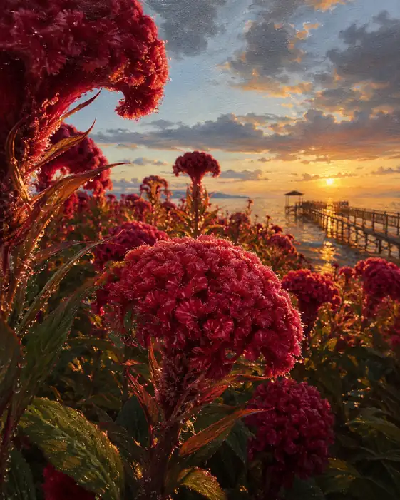 Crimson Cockscomb by the Sunset Pier