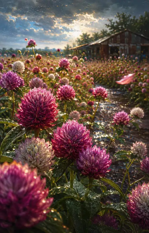 Globe Amaranth after Rain by the Old Barn