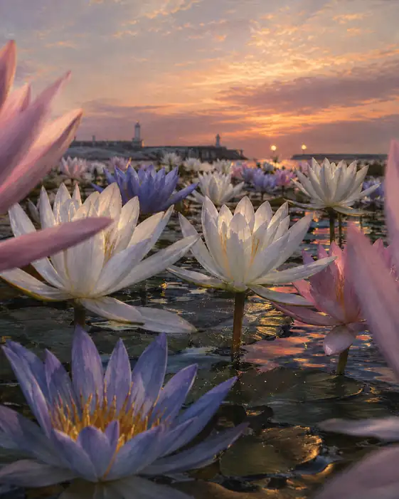 Water Lilies under the Sunset Harbor