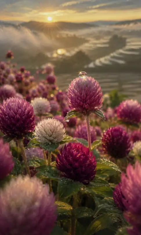 Morning Dew upon Globe Amaranth and Terraced Hills