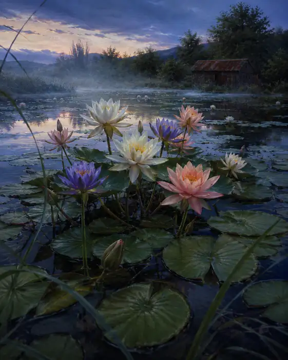 Water Lilies by the Misty Boathouse