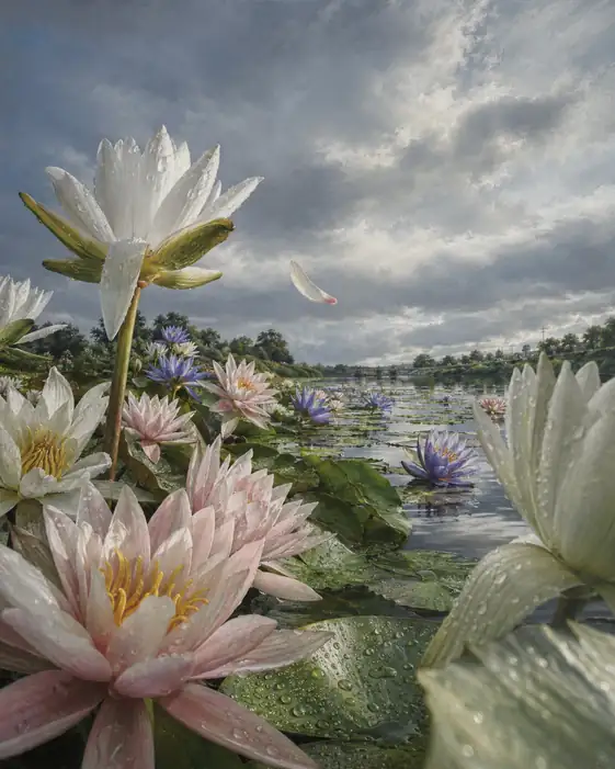 Floating Petal over the Rain-Wet Lilies