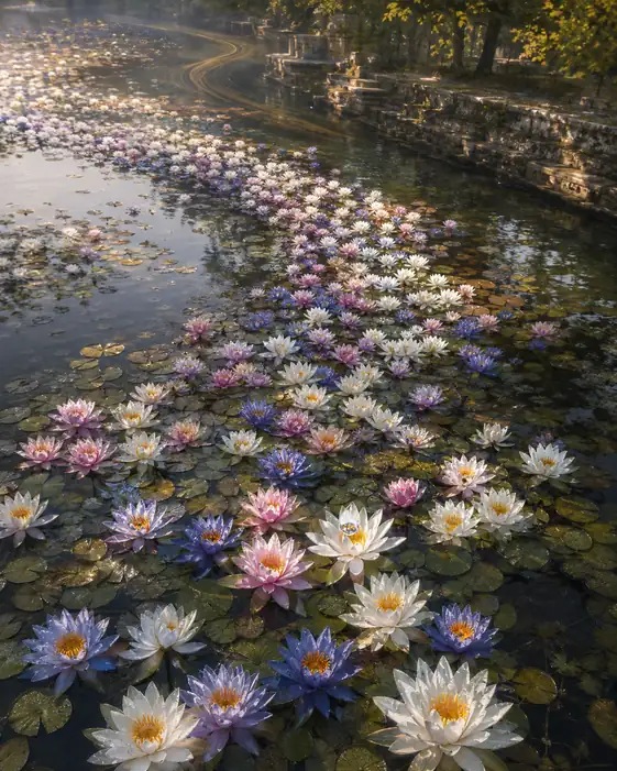 Winding Path of Water Lilies along the Canal