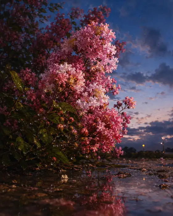 Crape Myrtle Reflected in the Twilight Puddle