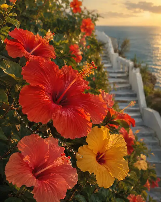Hibiscus along the Coastal Stairway at Sunset