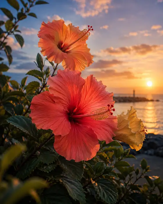 Hibiscus Glowing against the Sunset Harbor