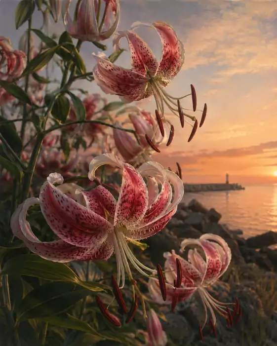 Showy Lilies on the Sunlit Coastal Rocks