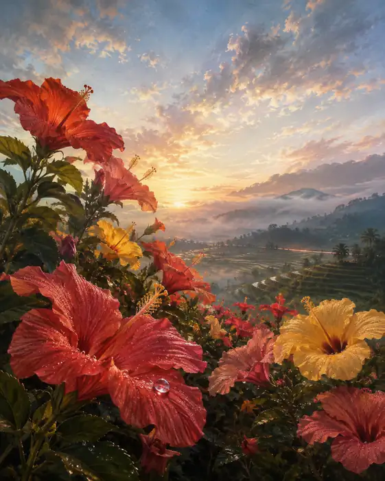 Morning Dew on Hibiscus above the Terraced Valleys