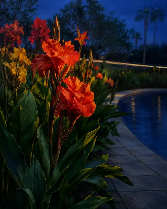Glowing Canna Lilies in the Twilight Garden