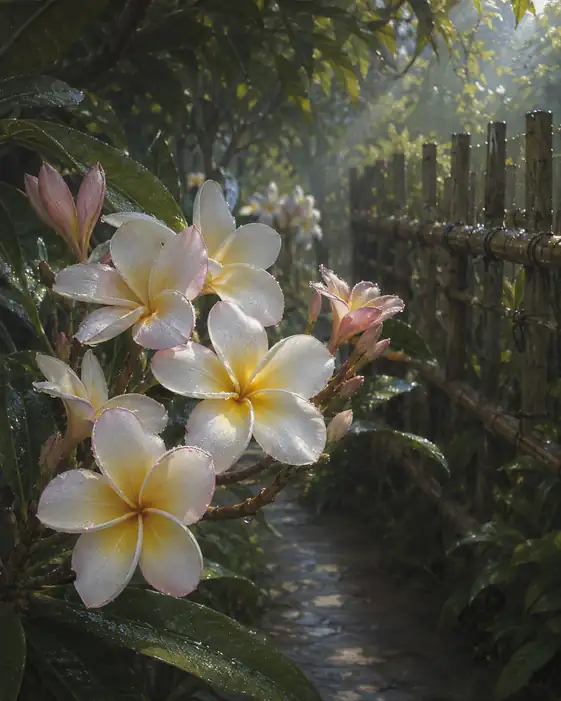 Dewy Plumeria Blossoms beside the Bamboo Fence