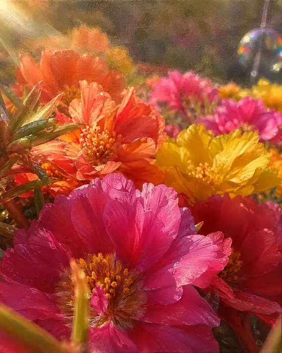 Sunlit Portulaca Blossoms and Rainbow Light