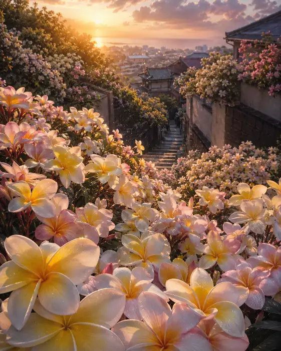Sunset Glow over the Plumeria Hillside Stairway