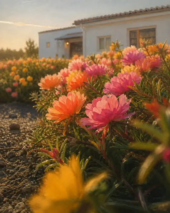 Moss Roses before the Sunlit Cottage at Dusk