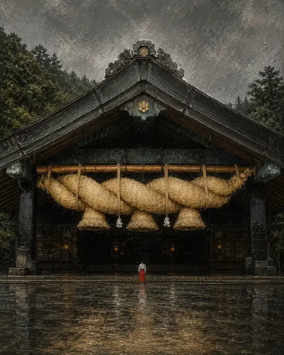 Maiden on Rain-Wet Flagstones before the Great Shimenawa