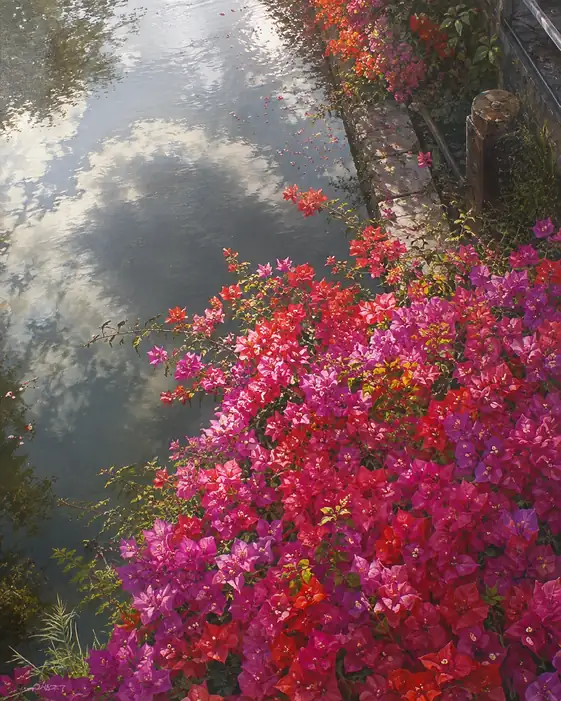 Cascading Bougainvillea over the Sky-Reflecting Canal