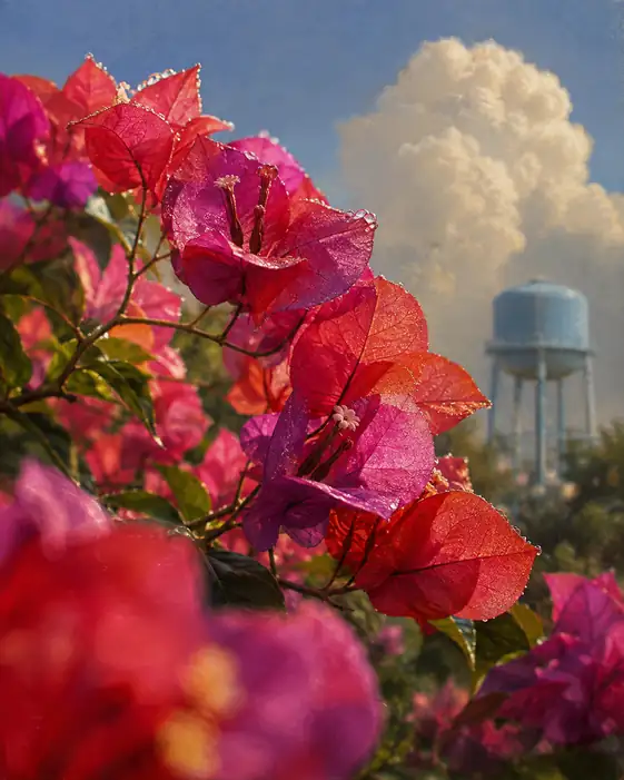 Morning Dew upon Bougainvillea beneath Summer Clouds
