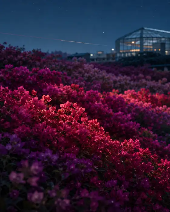 Nocturnal Bougainvillea Hills and the Glowing Greenhouse