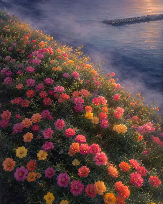 Sunset Glow over Coastal Moss Roses and the Distant Lighthouse