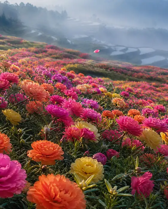 Moss Rose Meadow above the Misty Rice Terraces