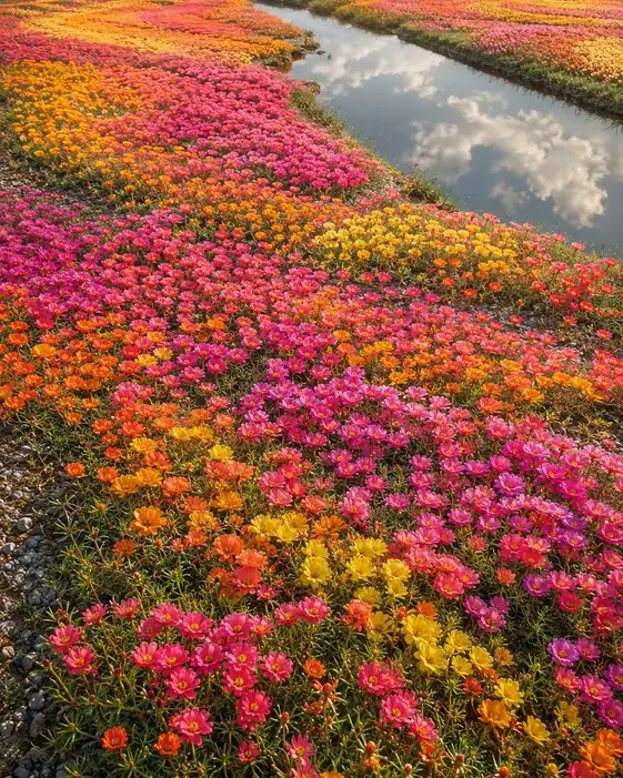 Rainbow Carpet of Moss Roses along the Canal
