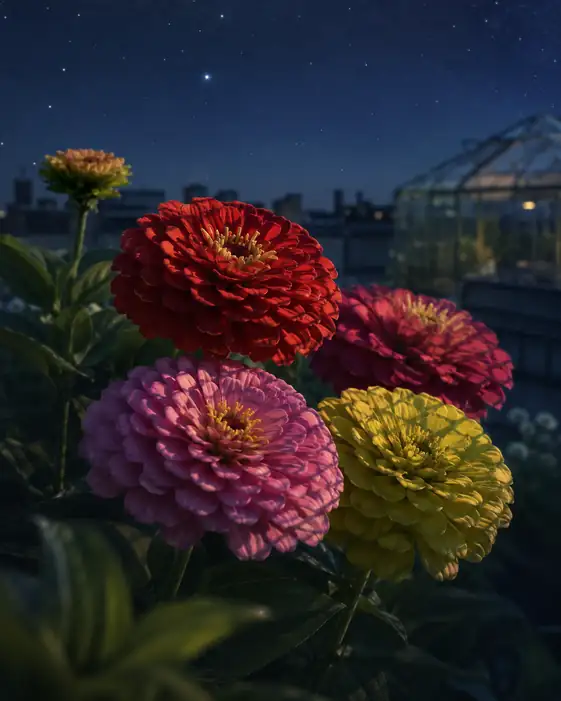 星降る夜の温室と咲き誇る百日草