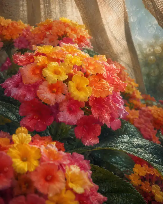 Morning Mist upon Lantana Clusters in the Greenhouse