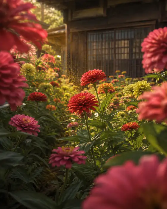 Zinnias by the Traditional Latticed House in Evening Light