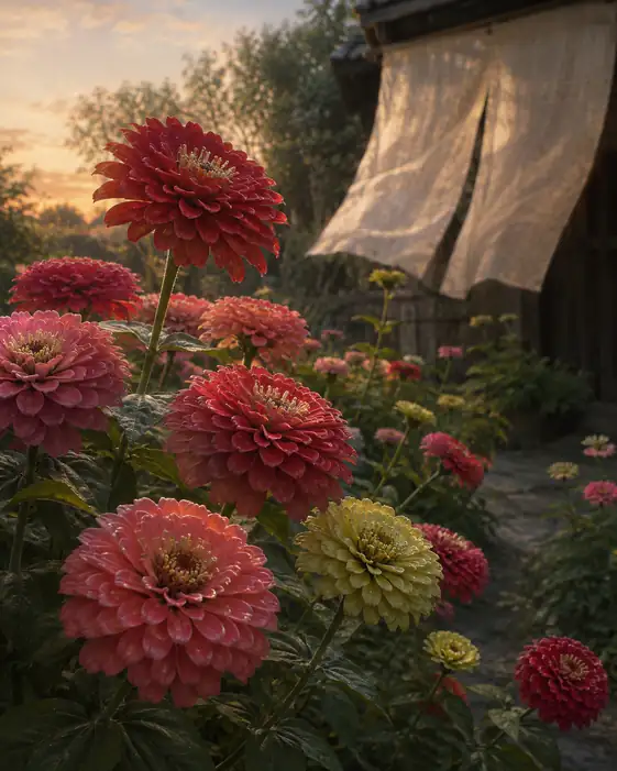 Zinnias beneath the Wind-Blown Noren Curtain