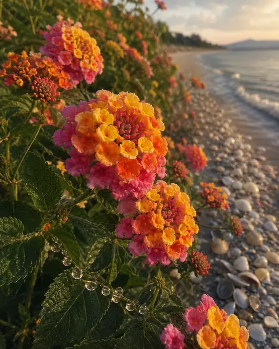 Lantana and Dewdrops on the Shell-Strewn Beach at Sunset