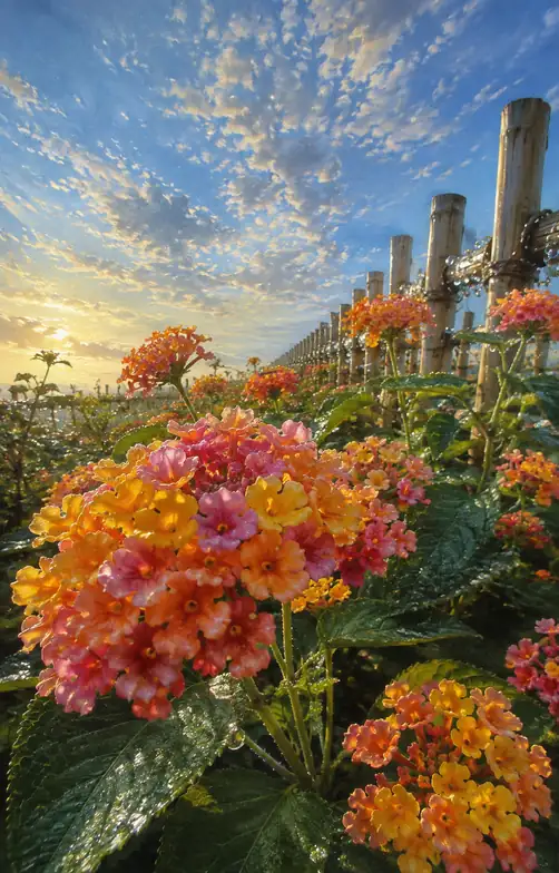 Lantana Blossoms along the Bamboo Fence under Morning Clouds