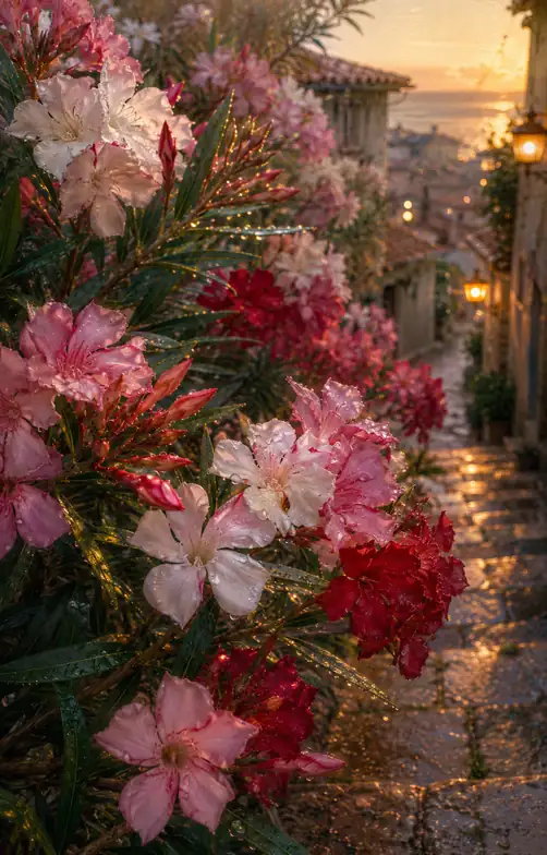 Oleanders along the Sunlit Coastal Stairway at Dusk