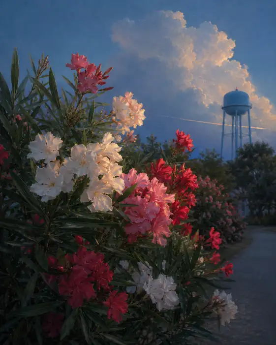 Oleanders beneath the Sunset Cloud and Water Tower