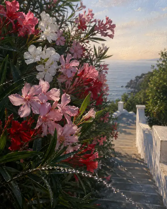 Water Splashes and Oleanders along the White Steps