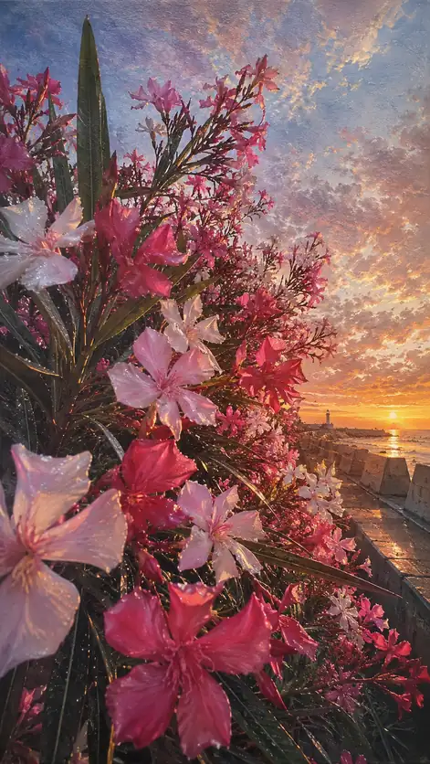 Coastal Oleanders and the Lighthouse under Sunset Clouds