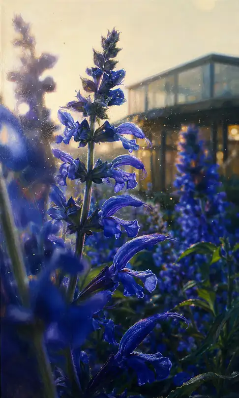 Blue Salvia in the Sunset Greenhouse Garden