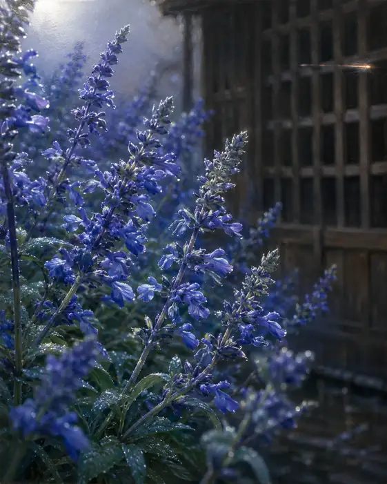 Moonlight and Blue Salvia by the Latticed Wall