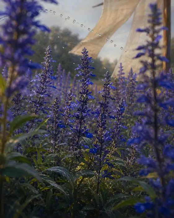 Water Drops and Blue Salvia beneath Fluttering Linen
