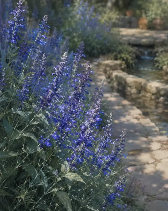 Blue Salvia along the Stone Path and Garden Stream