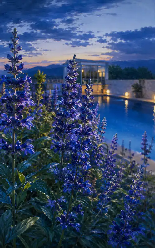 Blue Salvia by the Twilight Poolside