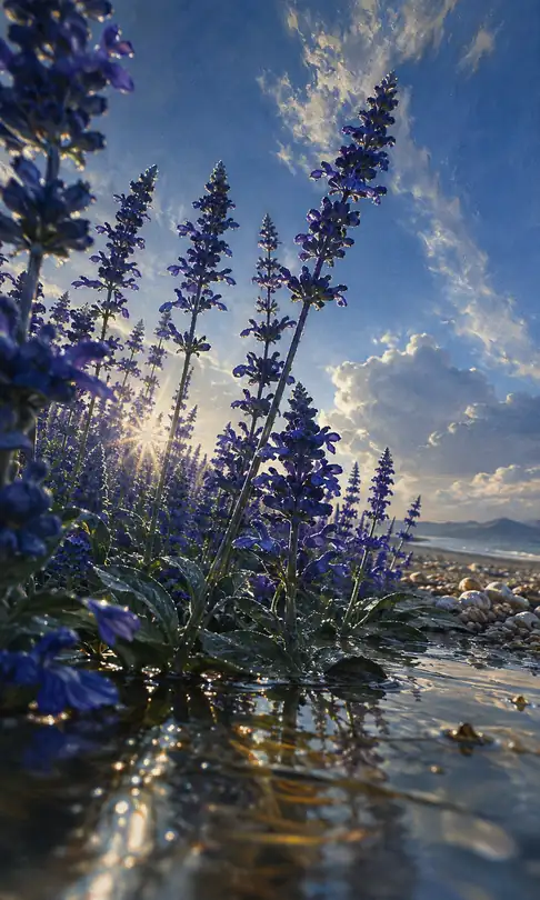 Low Angle of Blue Salvia and Sunburst by the Shore