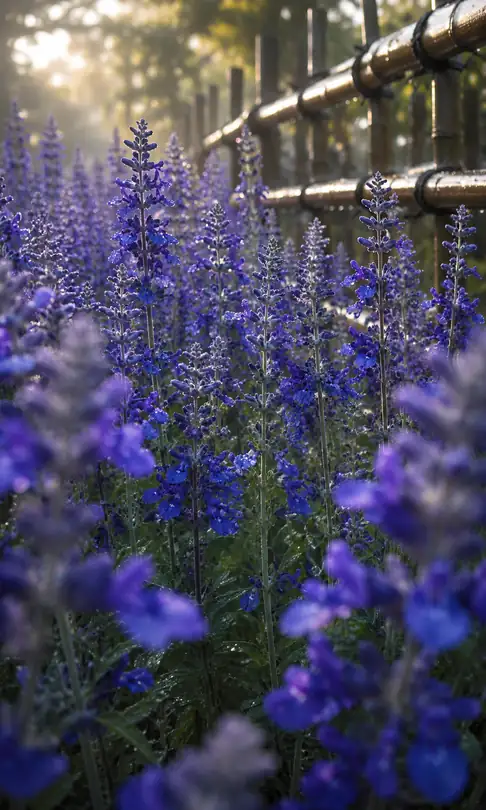 Blue Salvia along the Dewy Bamboo Fence in Morning Light