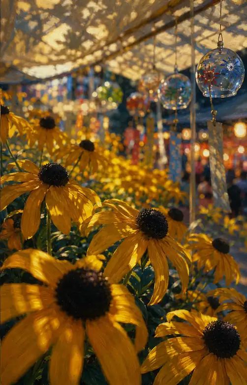 Wind Chimes and Rudbeckia Blossoms beneath the Reed Screen