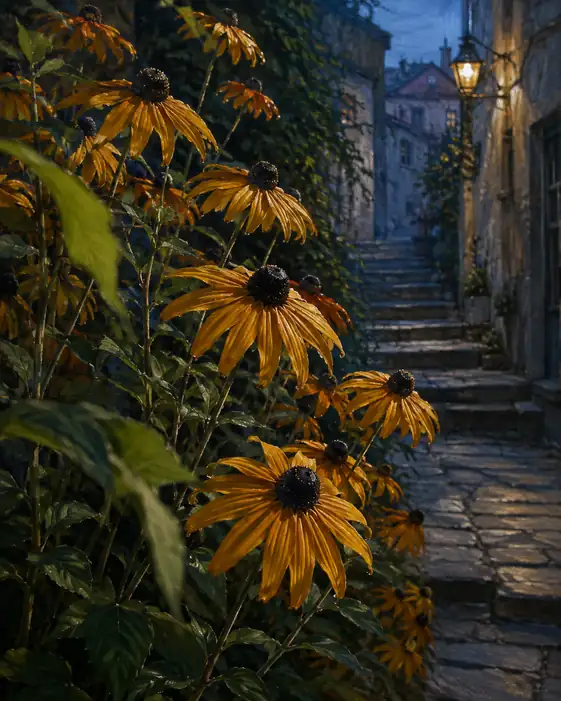 Golden Rudbeckias by the Old Stone Staircase in Lamplight