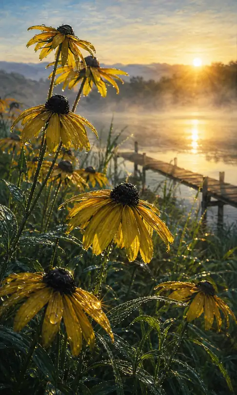 Morning Mist and Dewy Rudbeckia by the Lakeside Pier
